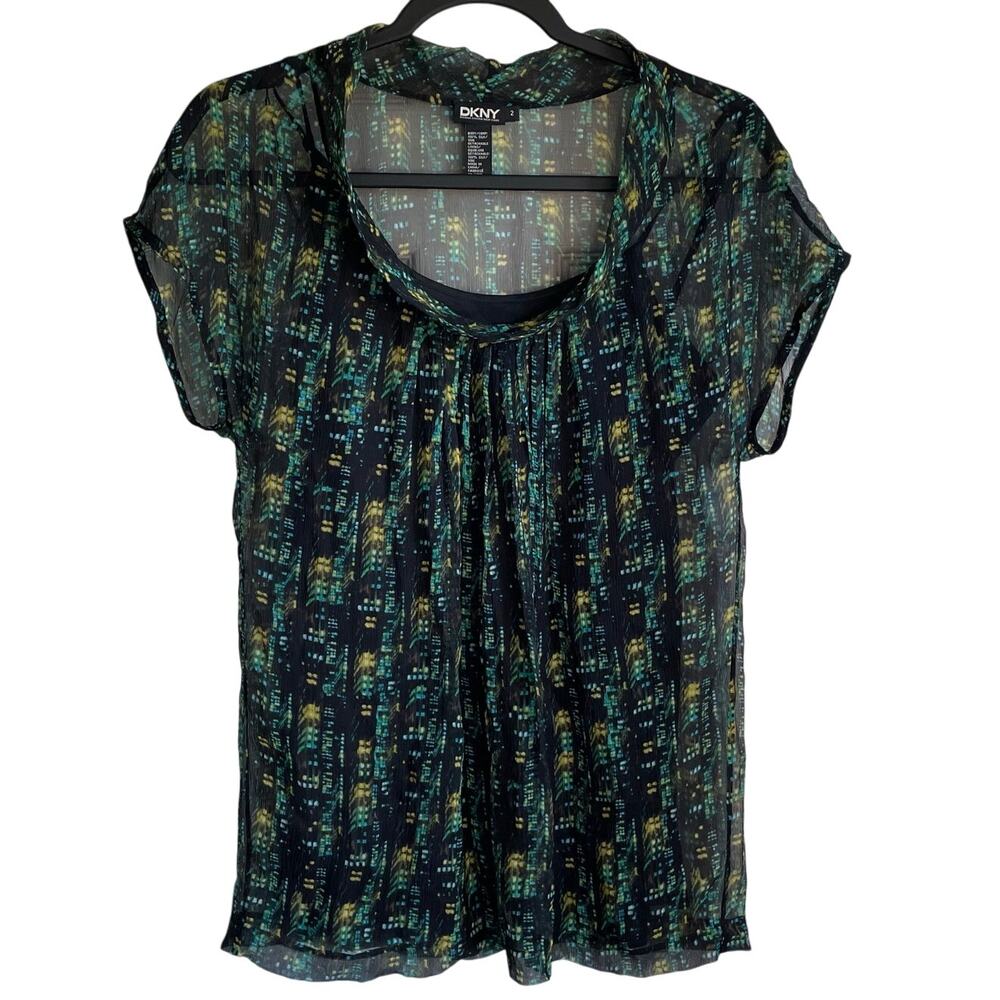 DKNY 100% Silk Top Blouse Sz 2 Sheer Silk Black Lining Abstract Print Career